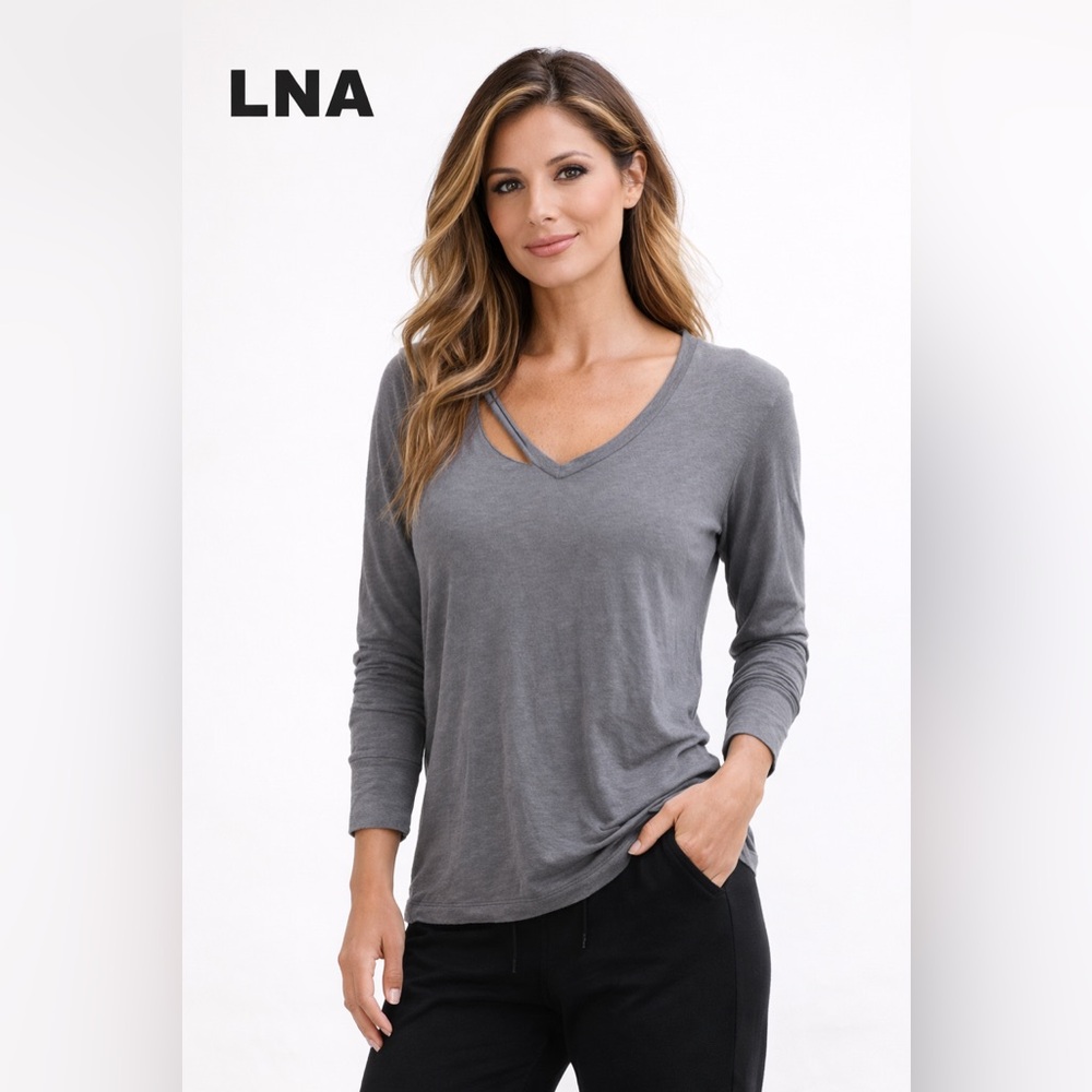 LNA Heather Gray Long Sleeve V-Neck Top Small Shoulder Cutout